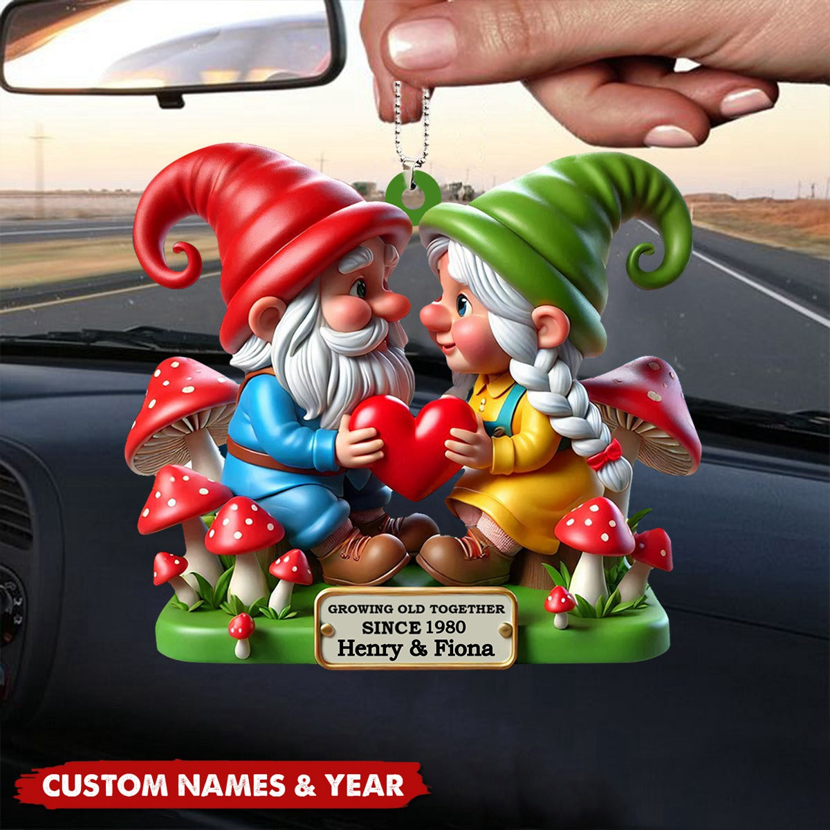 Growing Old Together Dwarf Holding Heart Personalized Couple Ornament