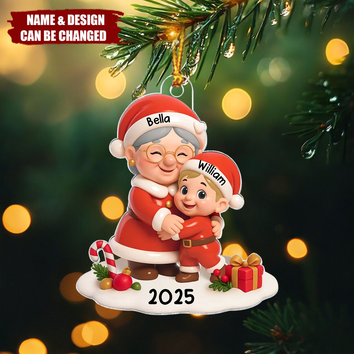 Santa Grandma Hugging Grandkid 3D Effect Personalized Acrylic Ornament