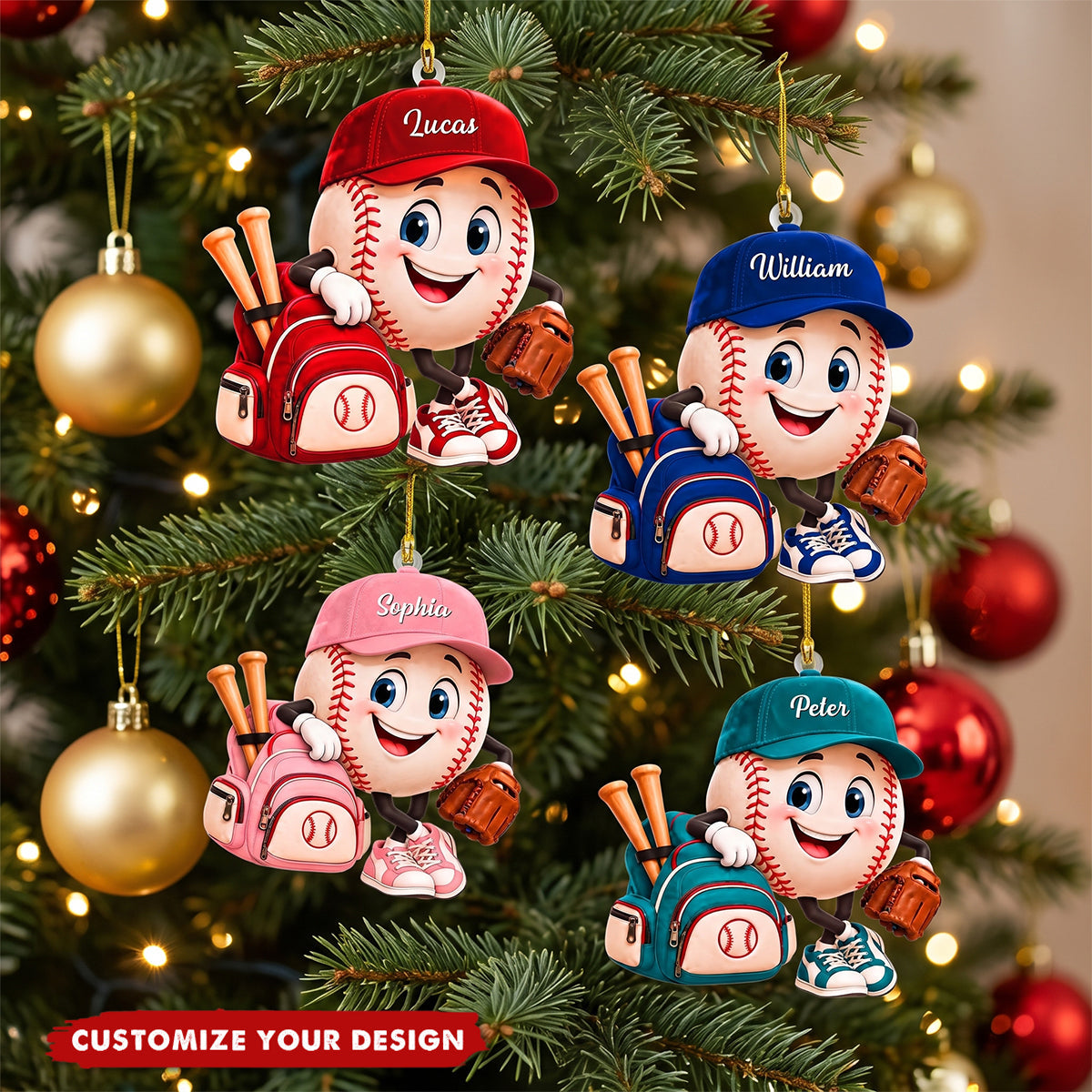 Personalized Baseball Mascot Ornament, Custom Name Baseball Player Christmas Ornament