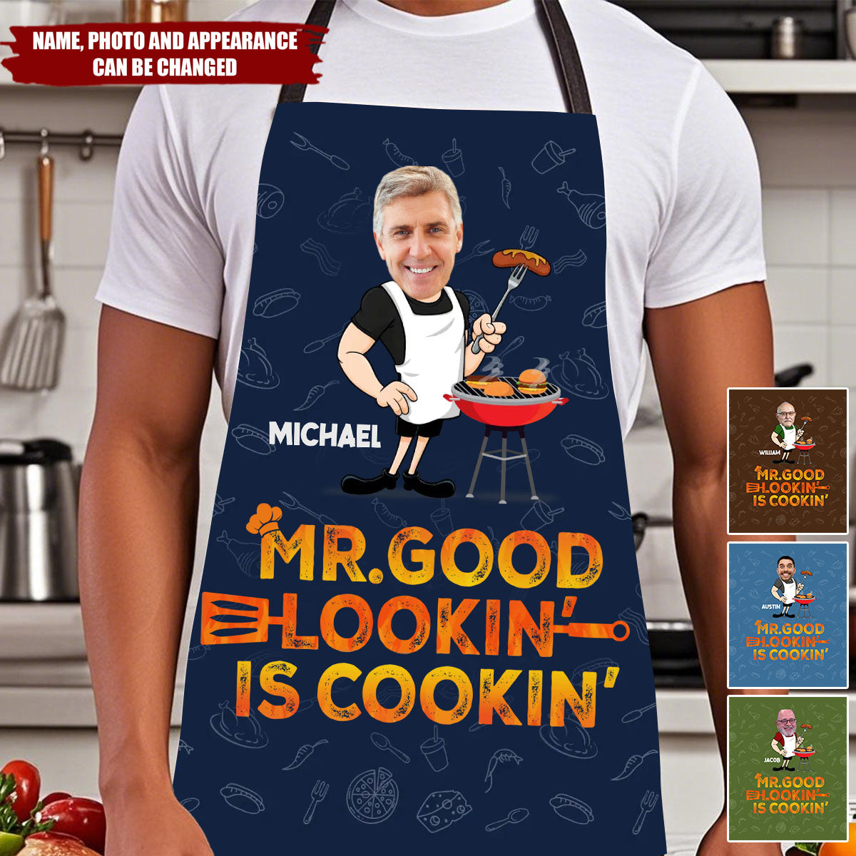 Custom Photo Mr. Good Looking Is Cooking - Family Personalized Custom Apron - Father's Day, Gift For Dad, Grandpa
