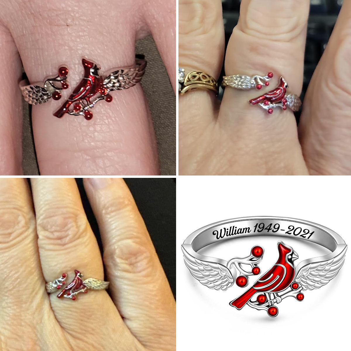 Cardinal Feather Angel Wing Adjustable Open Memorial Personalized Ring