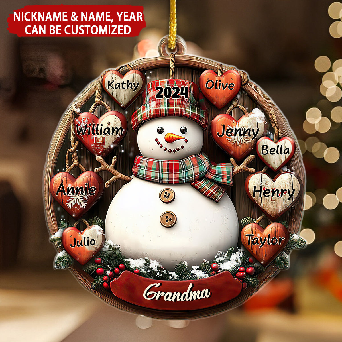 Grandma Snowman With Lovely Little Hearts Personalized Christmas Ornament