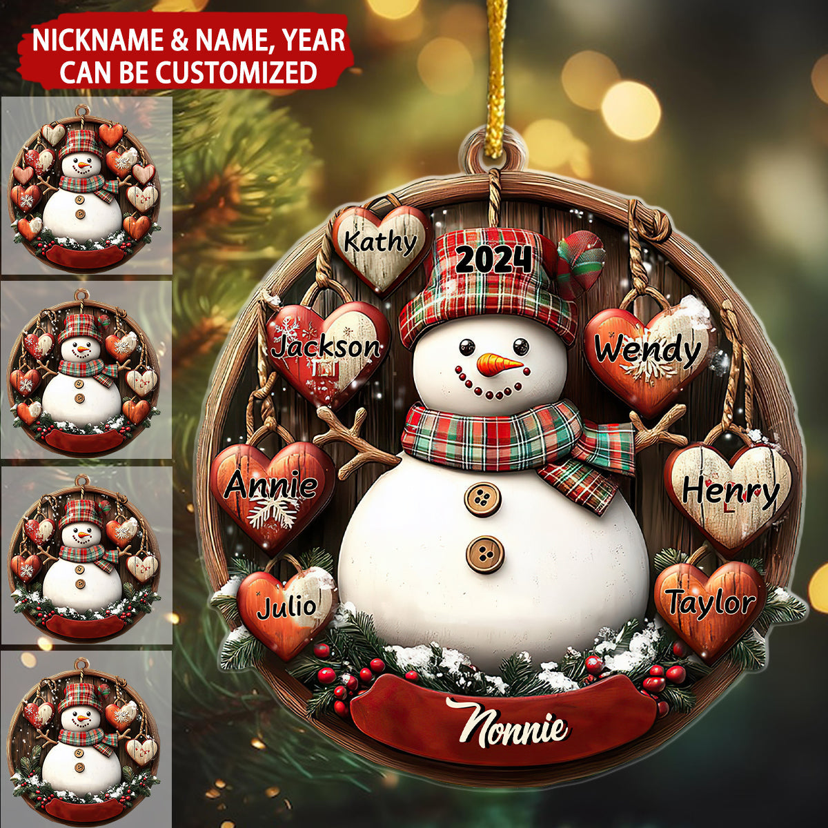 Grandma Snowman With Lovely Little Hearts Personalized Christmas Ornament