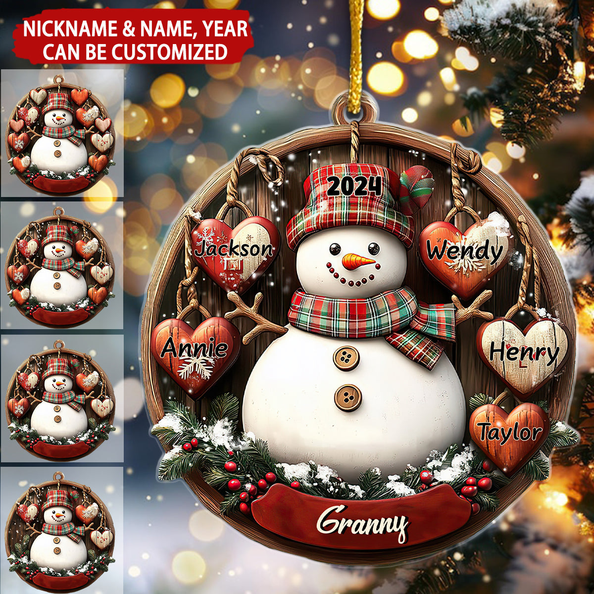 Grandma Snowman With Lovely Little Hearts Personalized Christmas Ornament