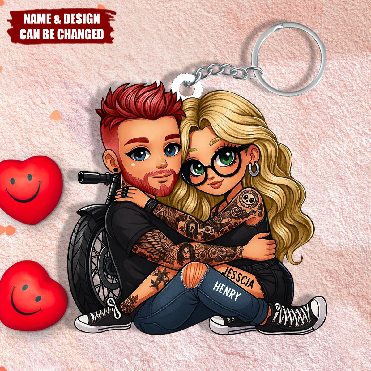 Biker Cartoon Effect Couple Personalized Acrylic Keychain, Gift for Motorcycle Lovers