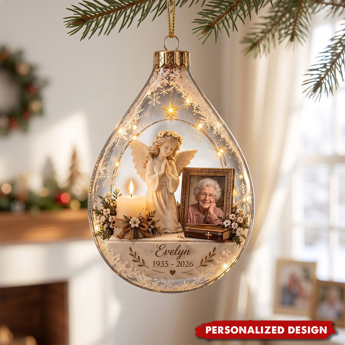 Personalized Memorial Photo Ornament, Angel Acrylic Xmas Decor