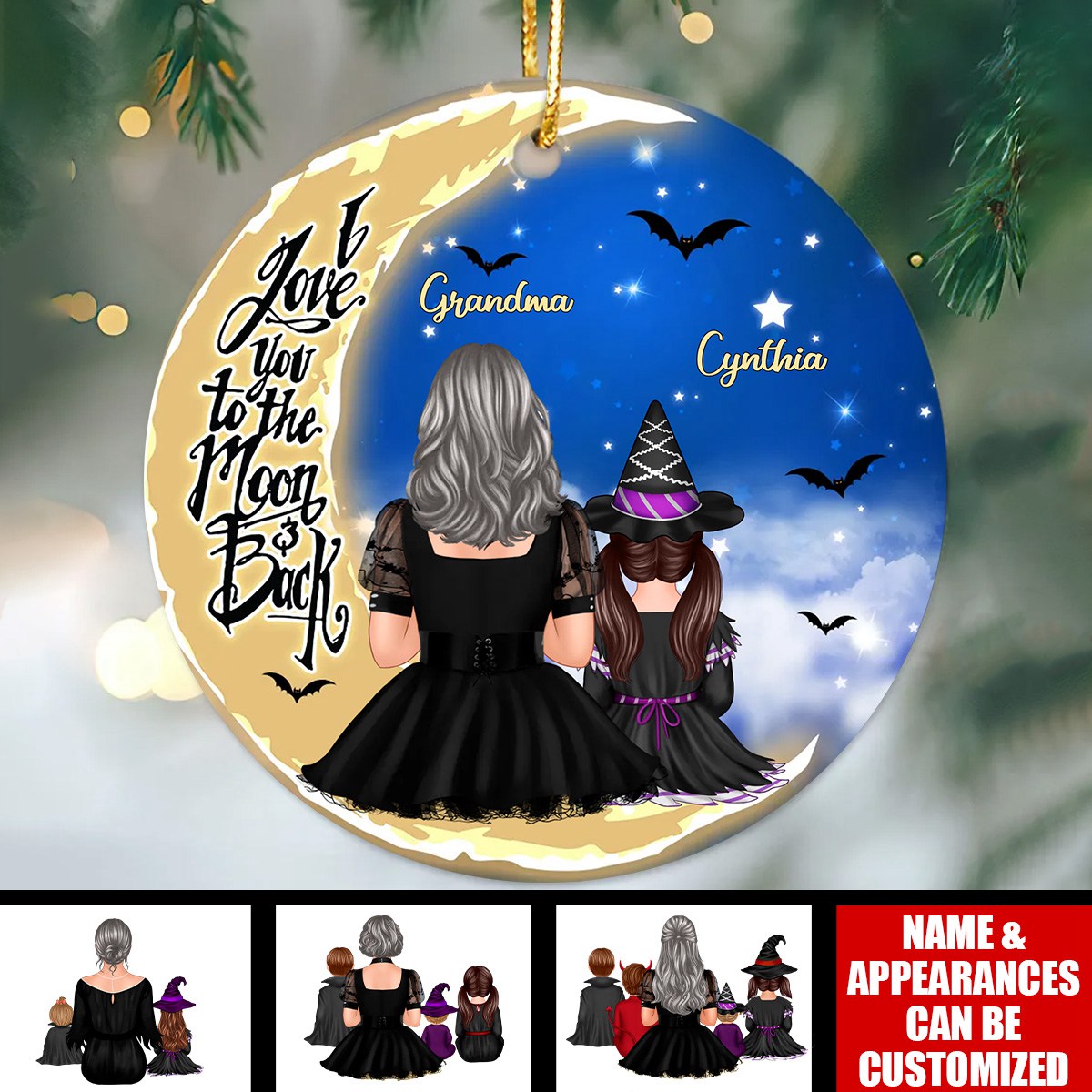Grandma Grandkids On Moon Back View Halloween Personalized Circle Ornament