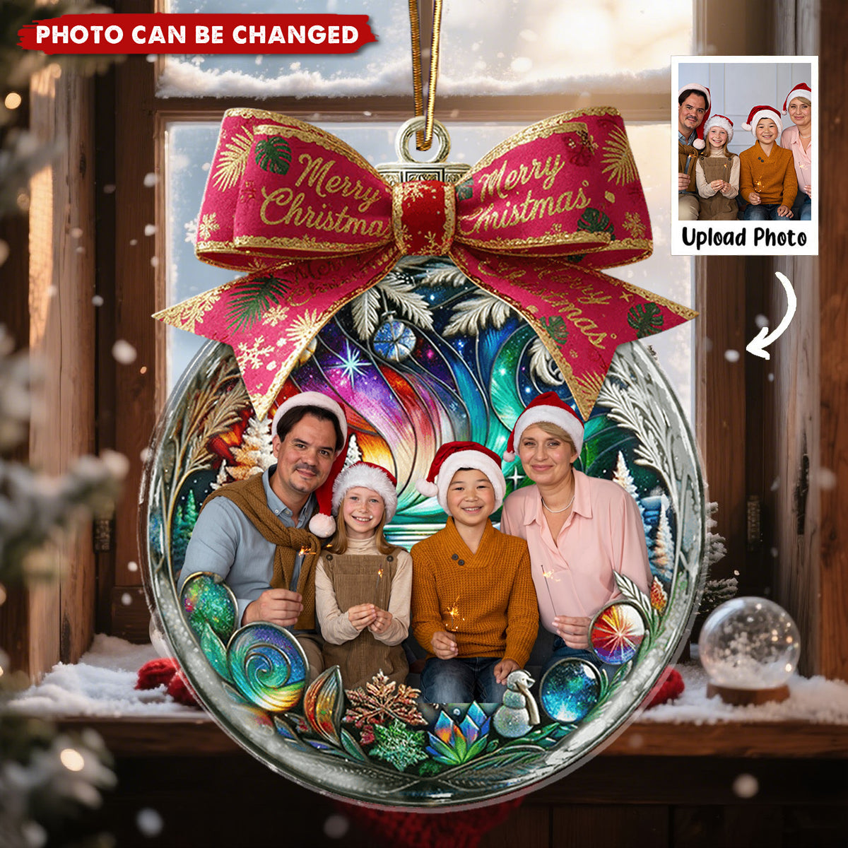 Custom Photo Family In Christmas Bow Ball - Personalized Christmas Acrylic Ornament