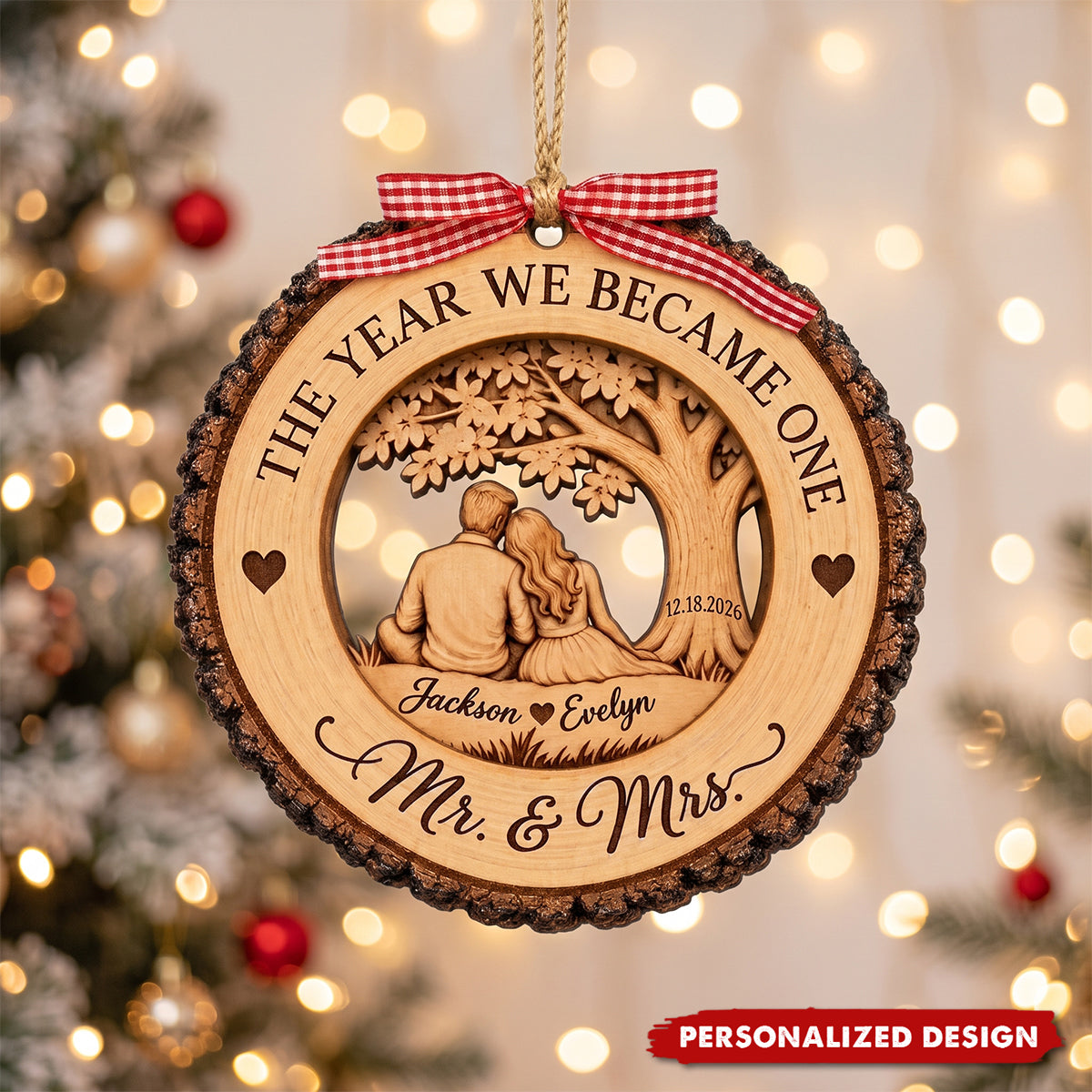 Personalized Mr and Mrs Ornament, First Christmas Married Wood Keepsake