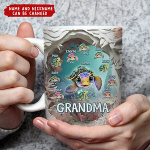 Custom Personalized Grandma With Kids Turtle 3D Effect Coffee Mug - Gift Idea For Grandma/ Mom/ Mother's Day - Upto 10 Kids