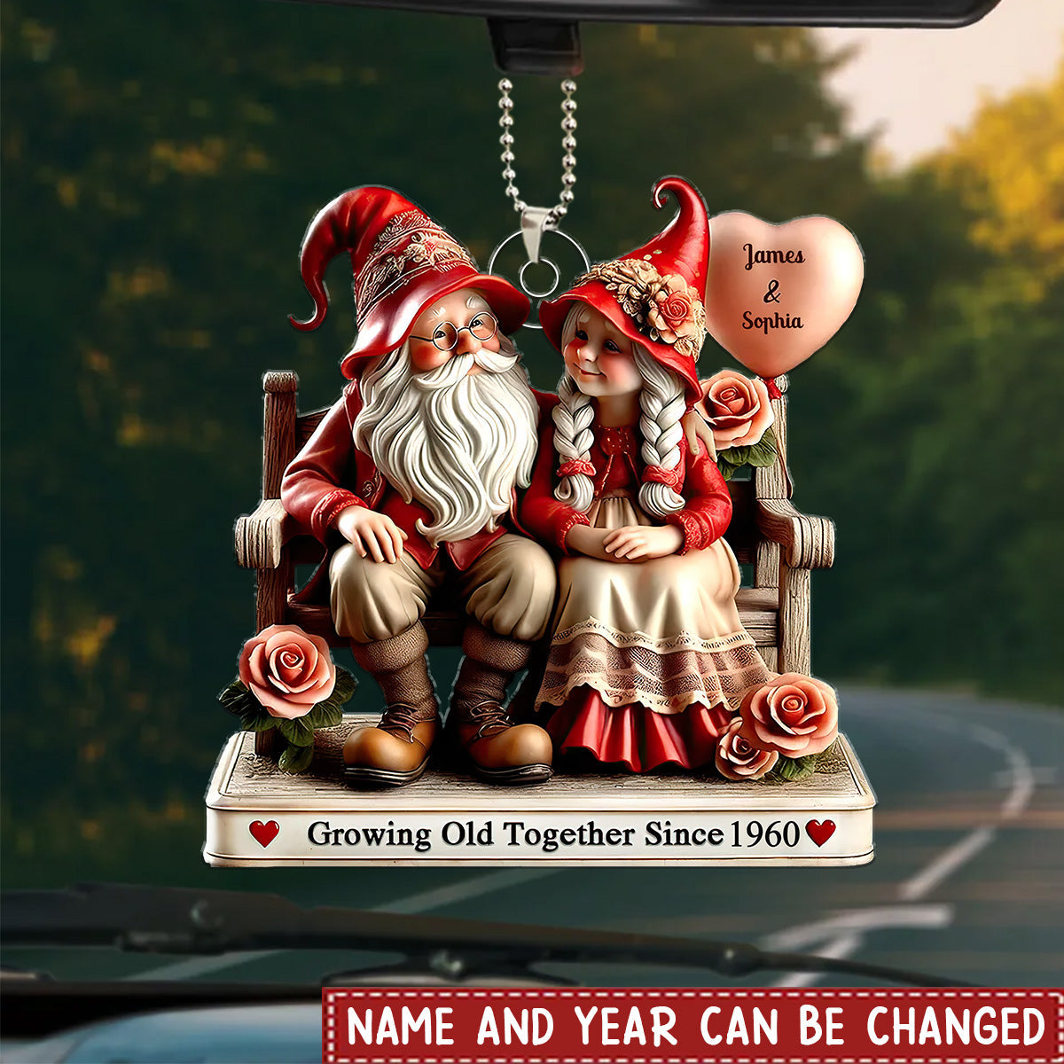 3D Effect Dwarf Old Couple Sitting On Bench Personalized Car Hanger Ornament, Valentine's Day Gift For Couple