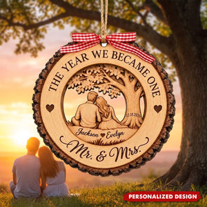 Personalized Mr and Mrs Ornament, First Christmas Married Wood Keepsake