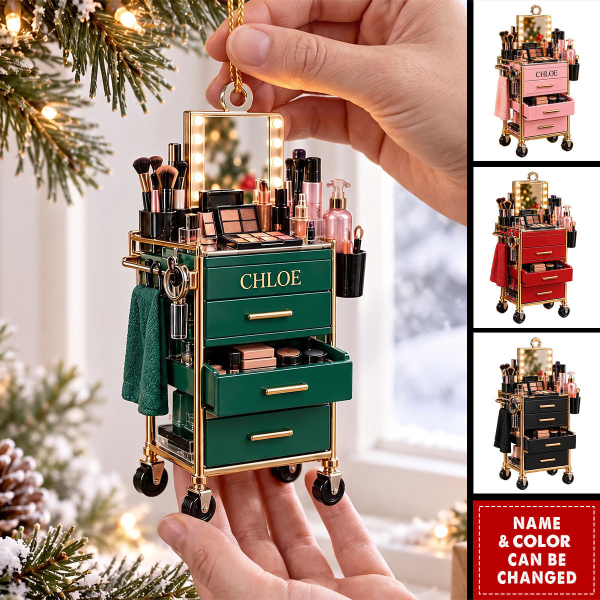Personalized Makeup Cart Christmas Ornament, Custom Name Gift for Makeup Artist