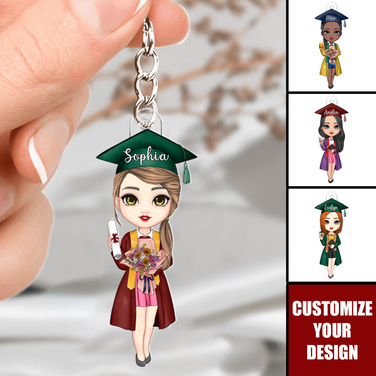 Cartoon Graduate - Personalized Acrylic Keychain, Graduation Ceremony Birthday Gift for Women Girls