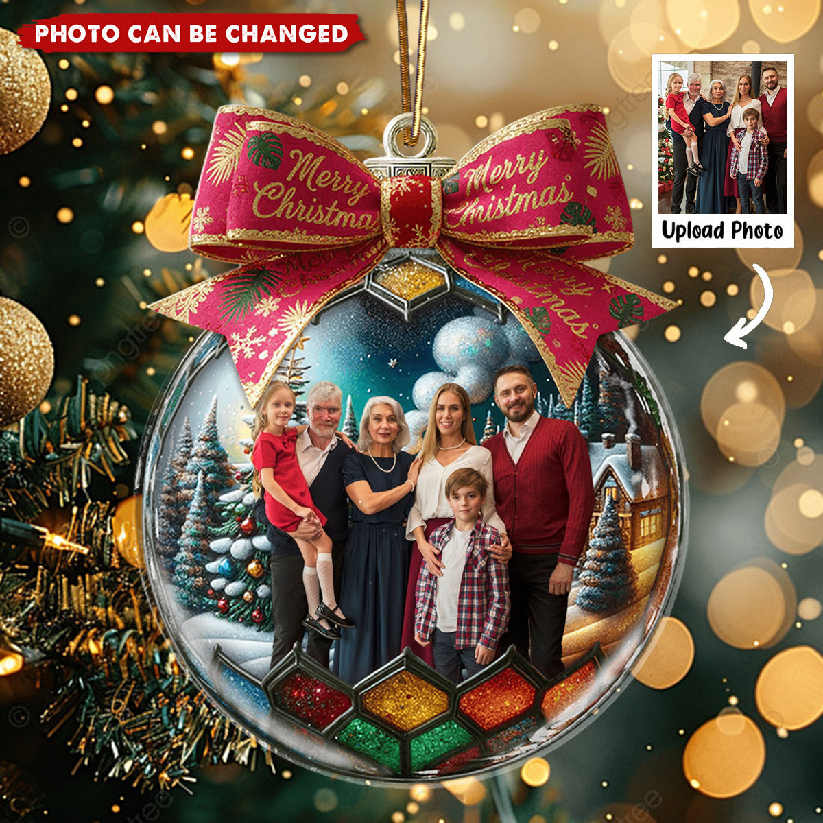 Custom Photo Family In Christmas Bow Ball - Personalized Christmas Acrylic Ornament