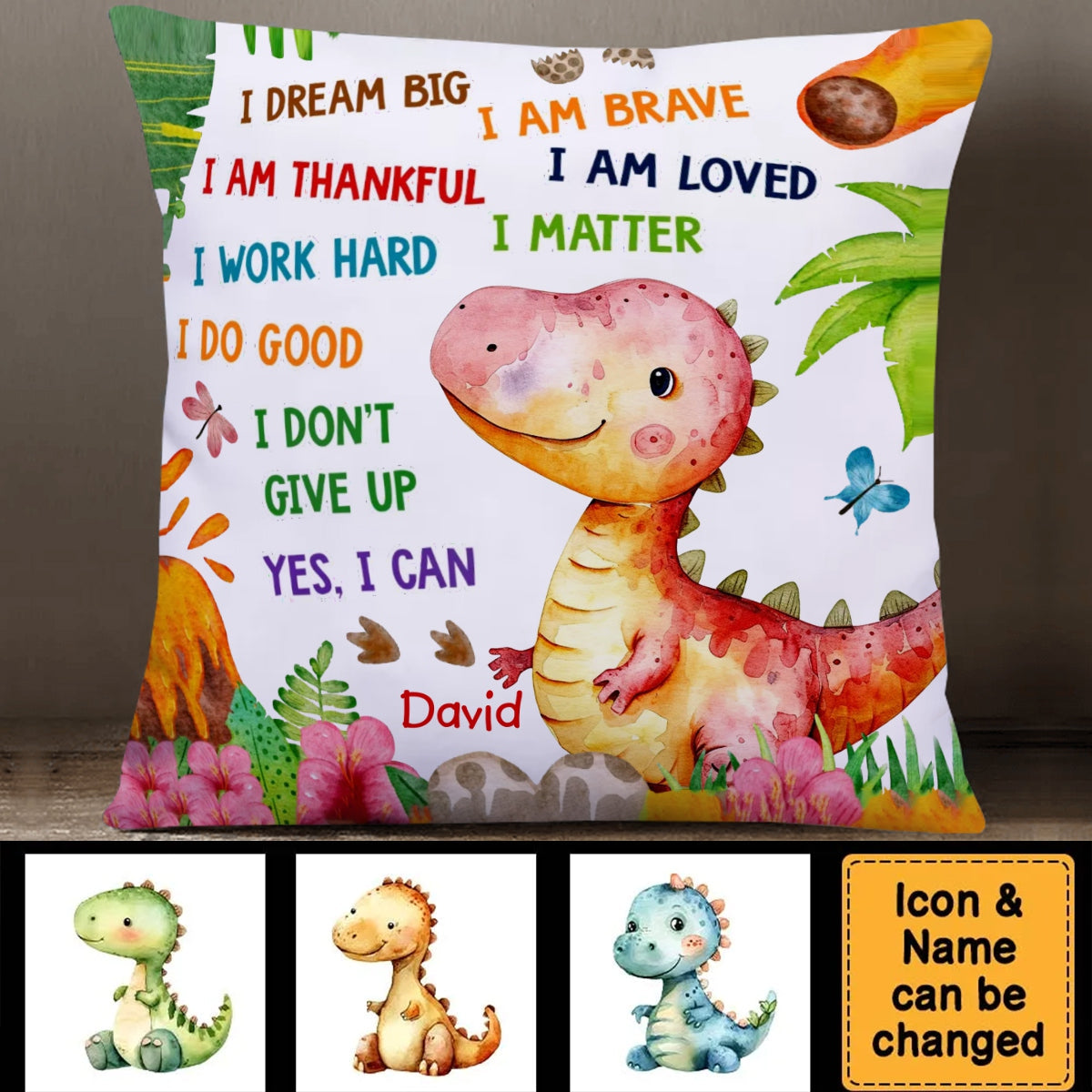 Personalized Gift For Kids Grandkids Cartoon Dinosaur Pillow