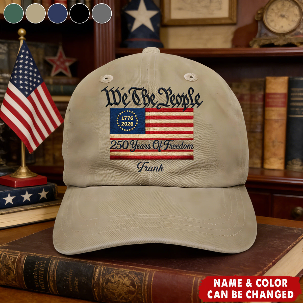 Stars And Stripes Faux Embroidery Effect We The People - Personalized Vintage Washed Denim Cap