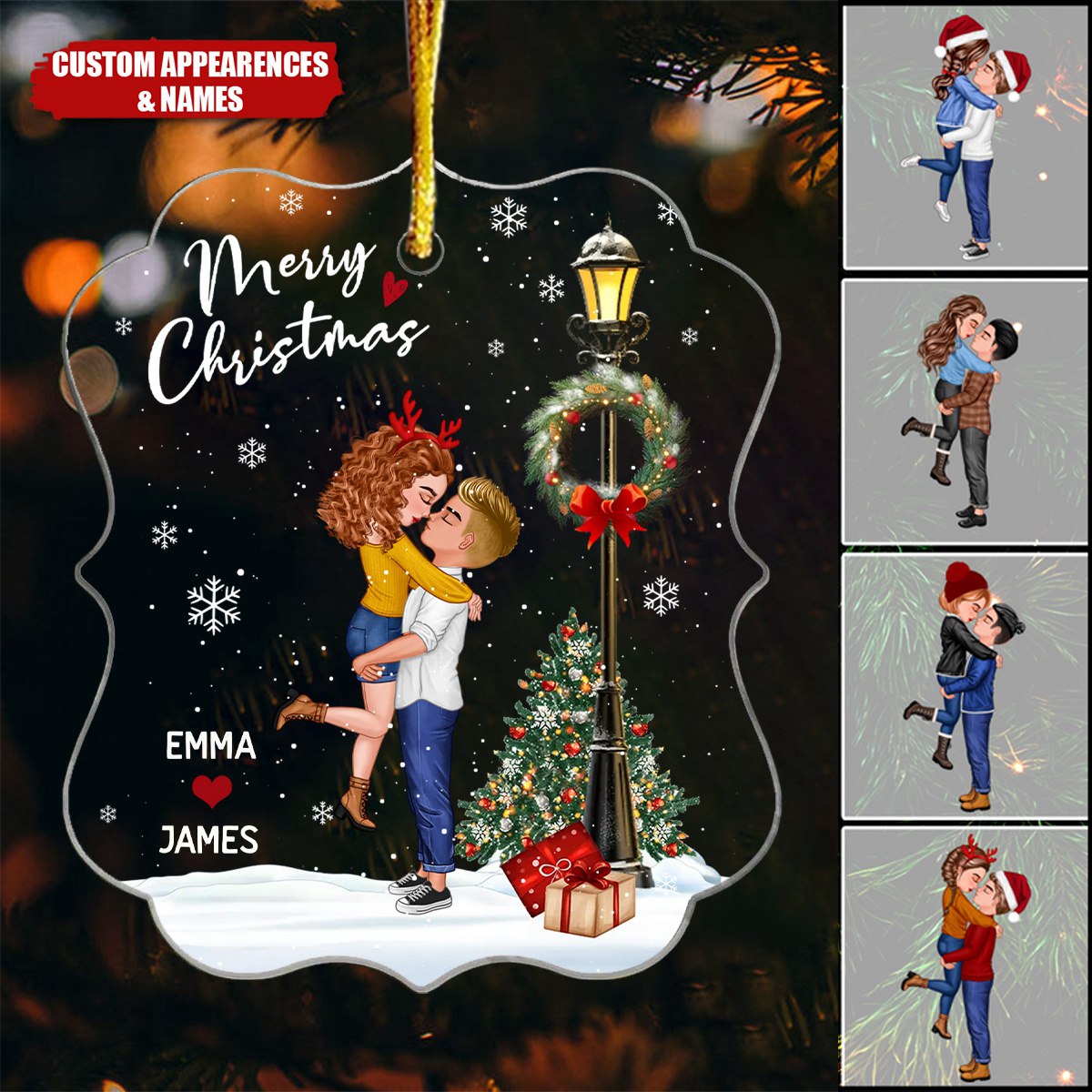 Winter Couple Hugging Kissing Snow Personalized Acrylic Ornament