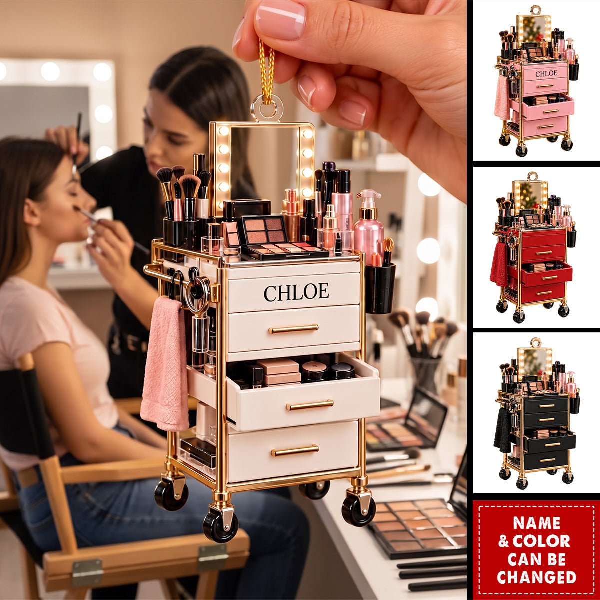 Personalized Makeup Cart Christmas Ornament, Custom Name Gift for Makeup Artist