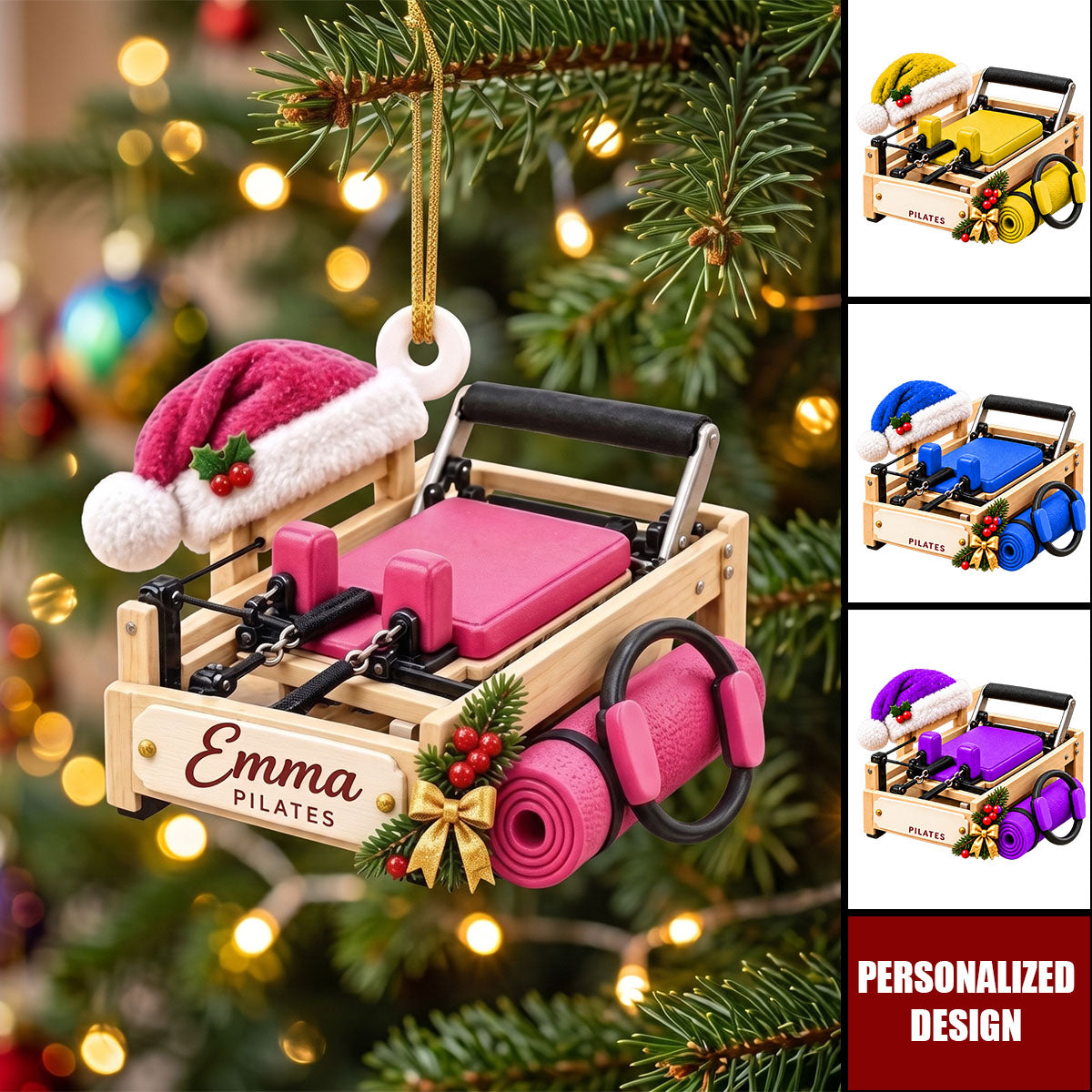 Personalized Pilates Reformer Christmas Ornament, Custom Name Gift for Pilates Lovers and Instructors