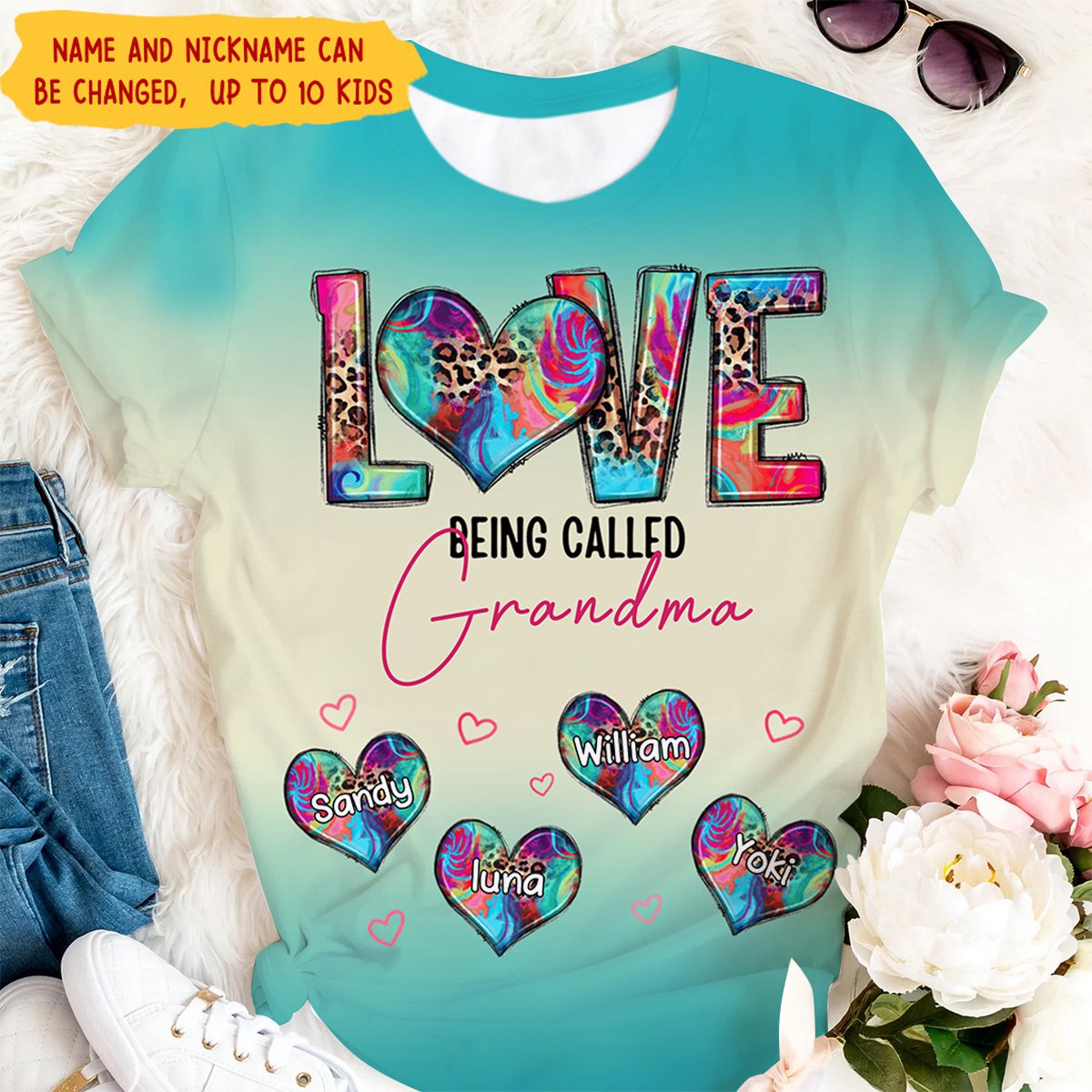 Love Being Called Grandma Teal Color Turquoise Color Personalized 3D T-shirt