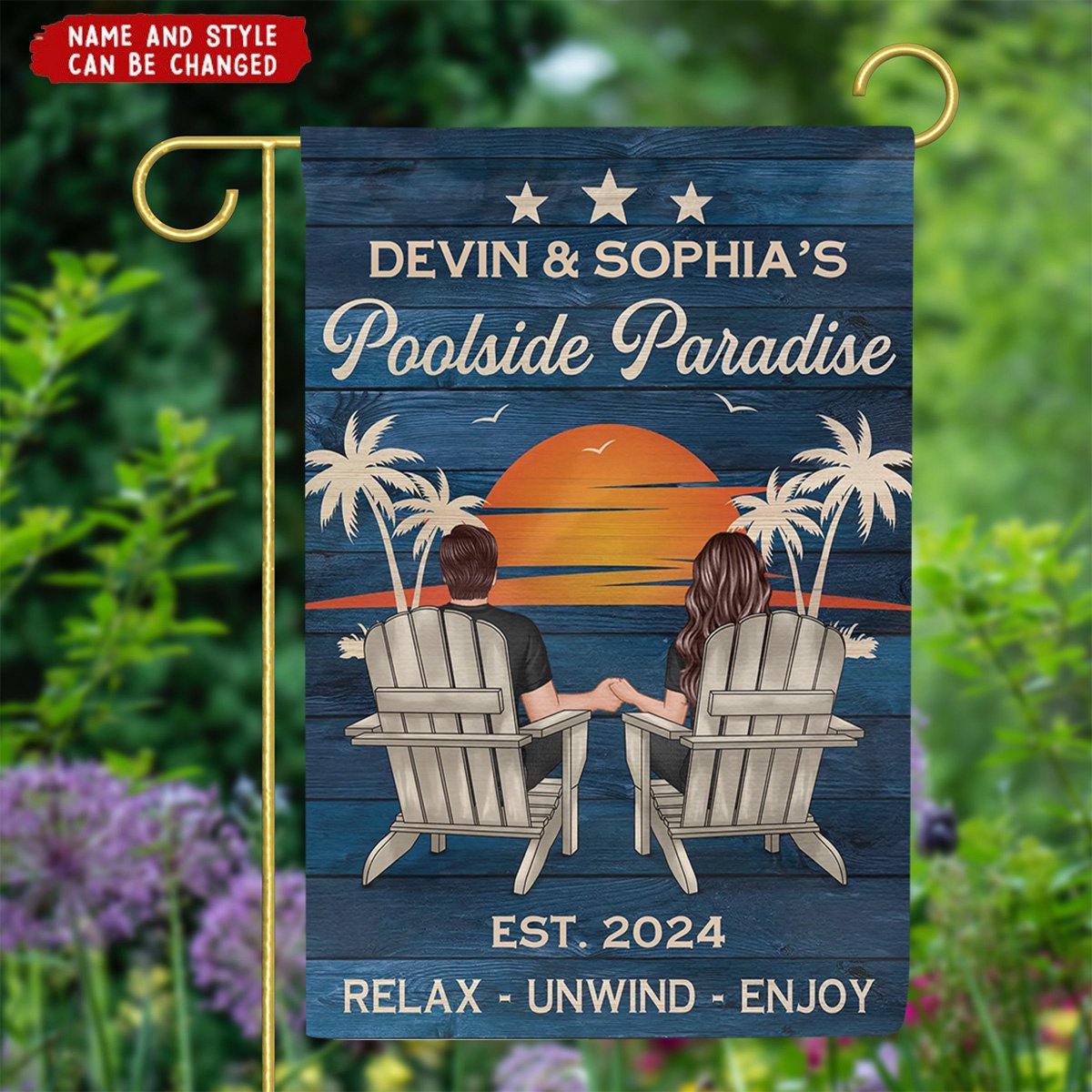 Swimming Pool Zone Decor Couple Sitting Personalized Flag