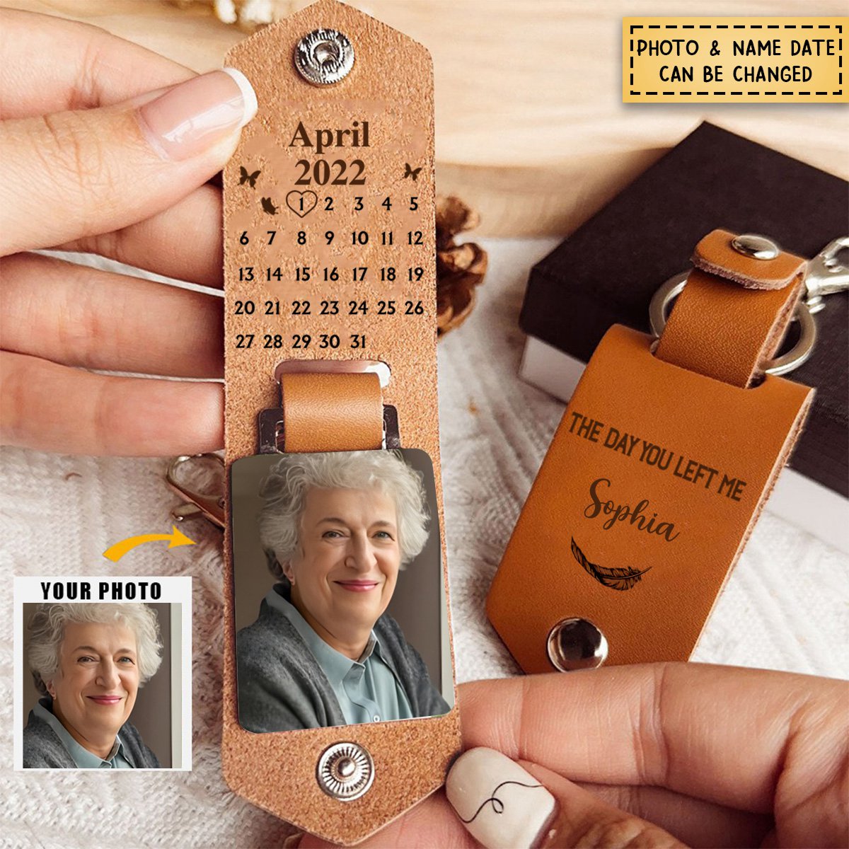 Memorial Calendar Upload Photo, The Day You Left Me Personalized Leather Keychain