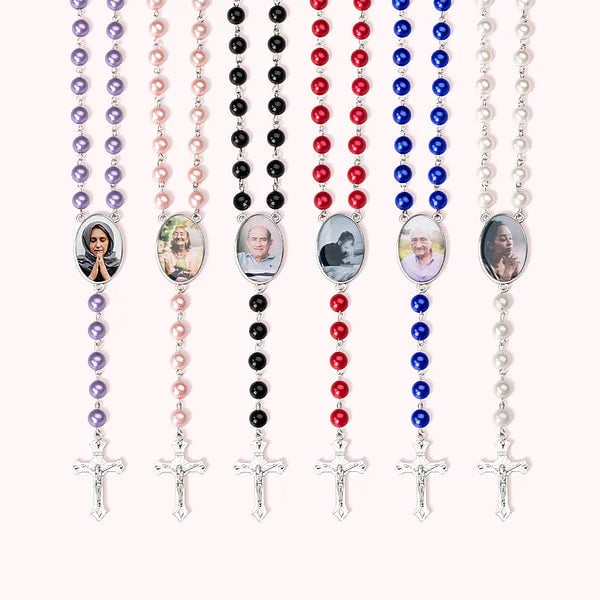 Personalized Rosary Beads Cross Necklace with Photo Memorial Gift for Women