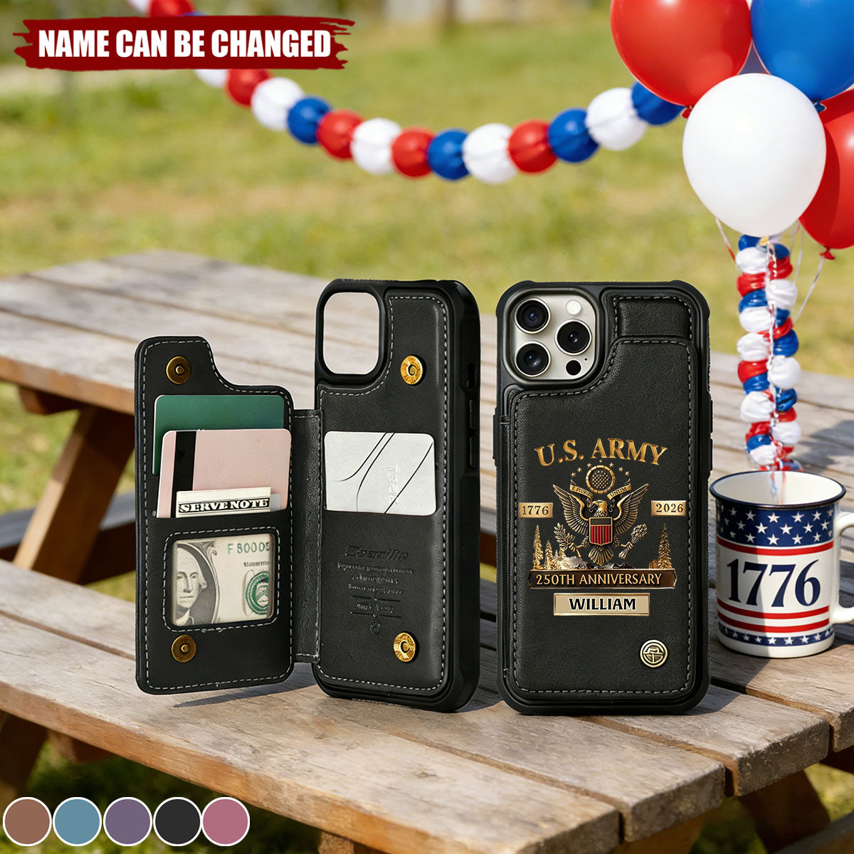 U.S. Army 250th Anniversary Personalized Military Leather Wallet Phone Case