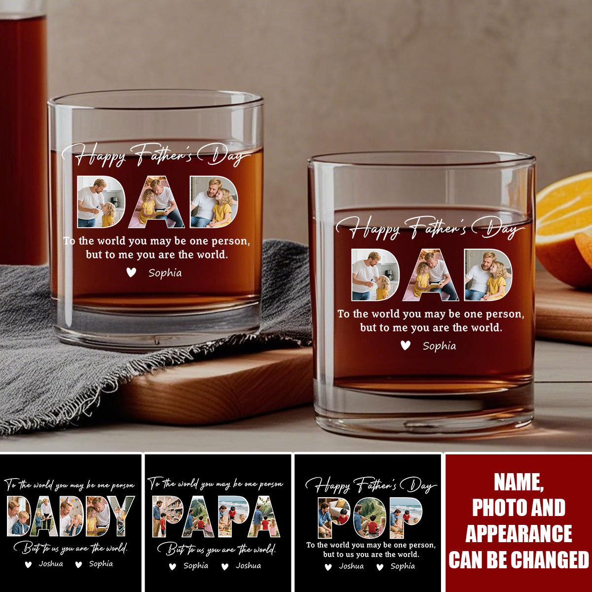 Custom Photo Happy Father's Day Family - Personalized Whiskey Glass