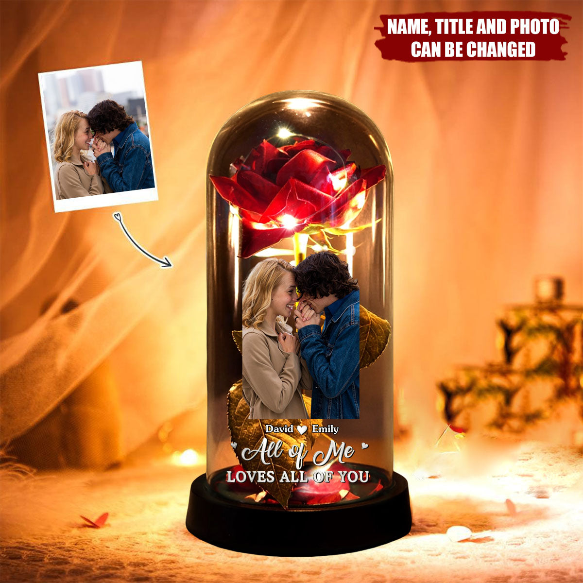 Custom Photo You Light Up My World - Couple Personalized Eternal Rose Dome Light - Gift For Husband Wife, Anniversary