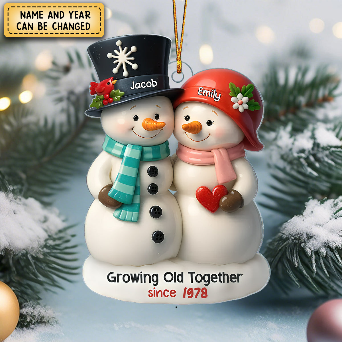 3D Effect Snowman Couple Growing Old Together - Personalized Acrylic Flat Ornament, Gift For Couple