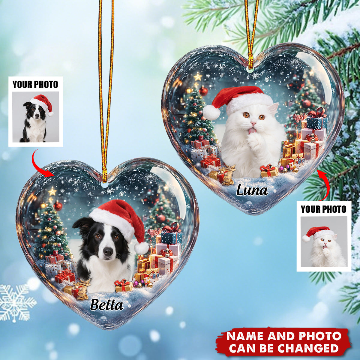 Upload Photo Dog Cat Festive Feline Christmas Magic In A Heart - Personalized Acrylic Flat Ornament