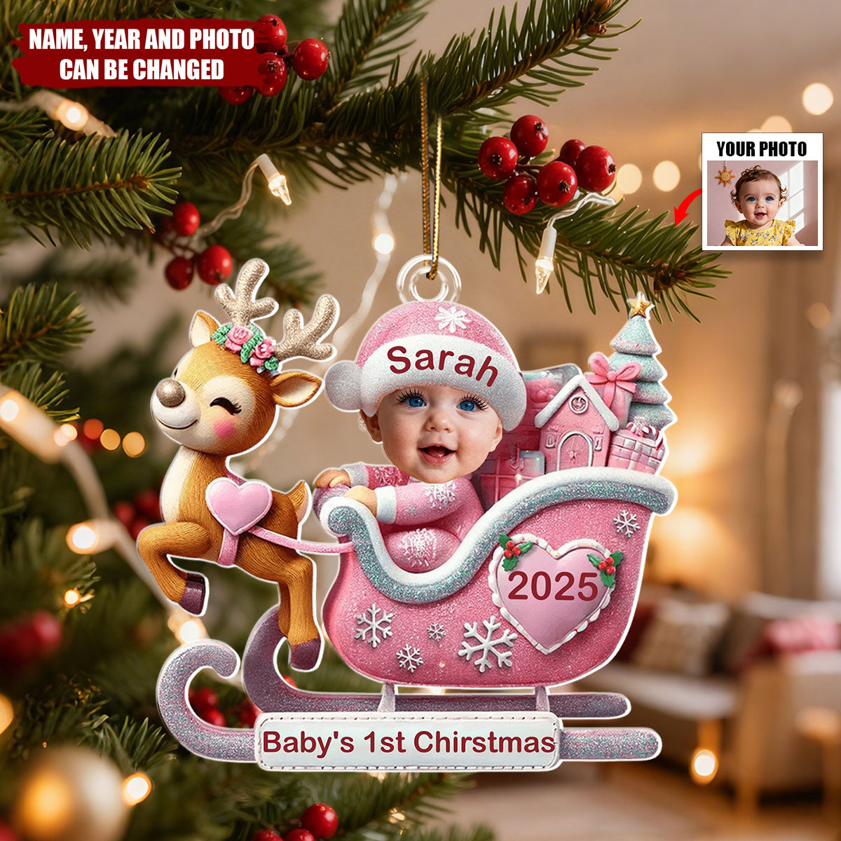 Baby In Reindeer Sleigh - Personalized Christmas Acrylic Ornament