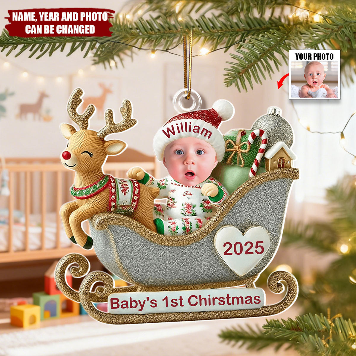 Baby In Reindeer Sleigh - Personalized Christmas Acrylic Ornament