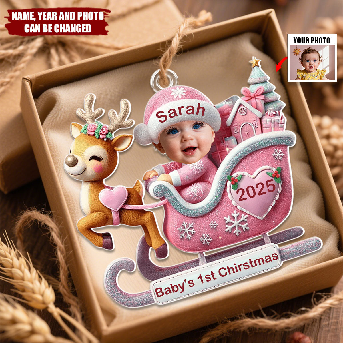 Baby In Reindeer Sleigh - Personalized Christmas Acrylic Ornament