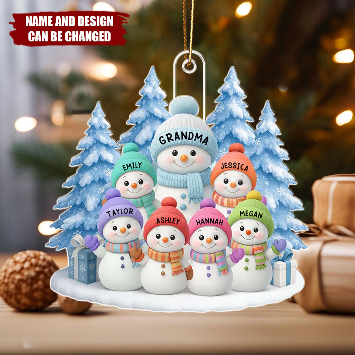 Snowman Grandma And Grandkids on Snow - Personalized Christmas Acrylic Ornament