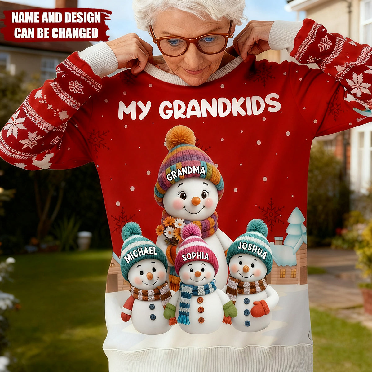 Cute Snowman Family In Snowy Village - Personalized Sweatshirt, Gift for Grandma & Grandpa