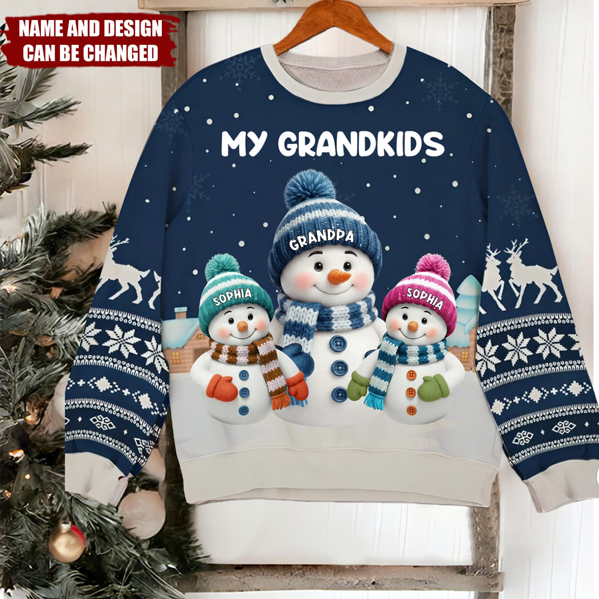 Cute Snowman Family In Snowy Village - Personalized Sweatshirt, Gift for Grandma & Grandpa
