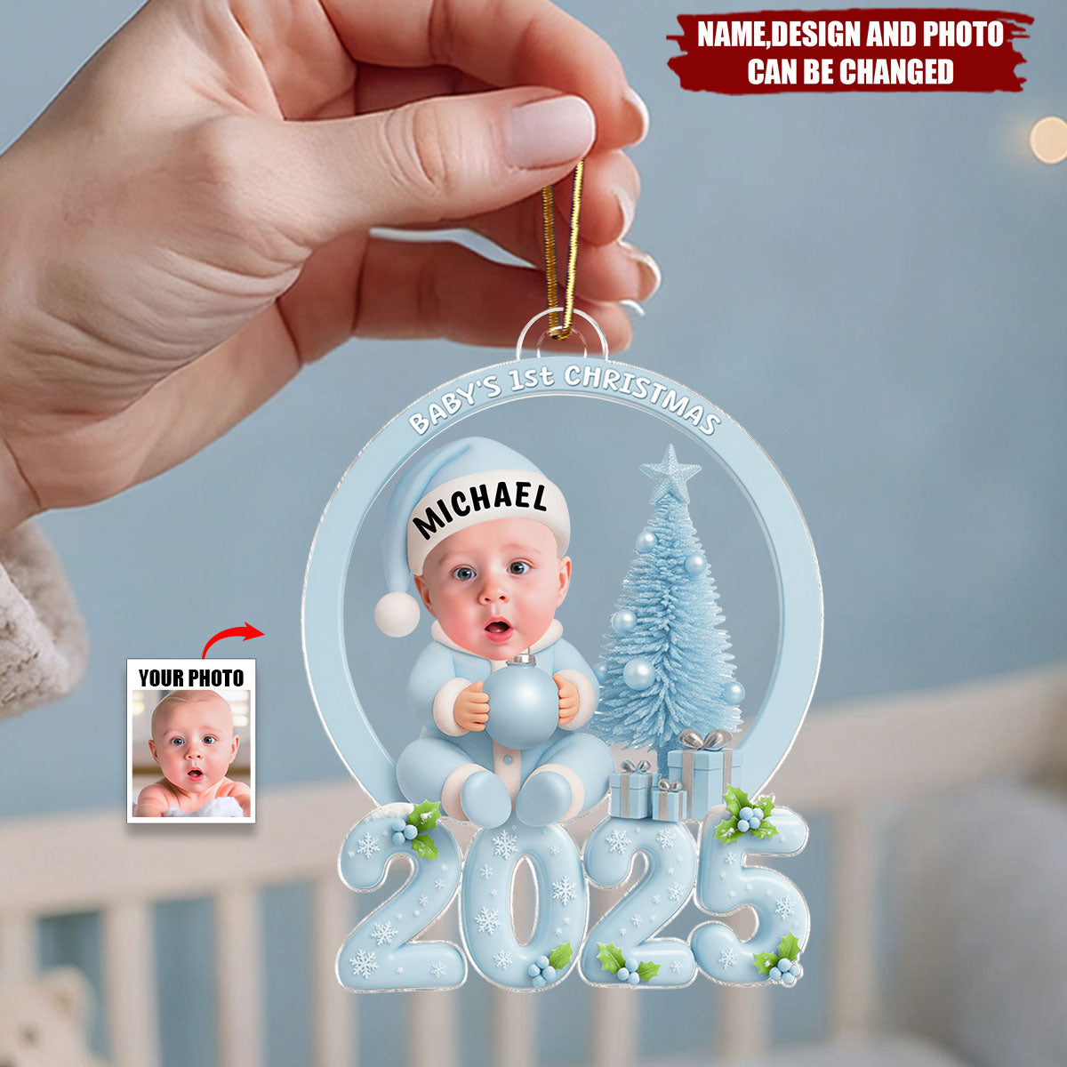 Baby Photo Beside Christmas Tree 2025 - Personalized Christmas Acrylic Ornament
