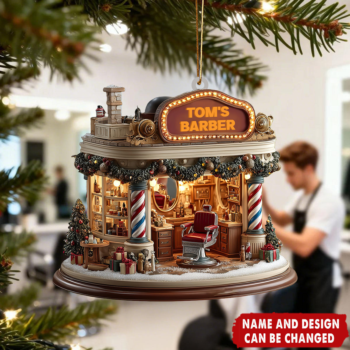 Red Chair & Barber Poles - Personalized Christmas Acrylic Ornament