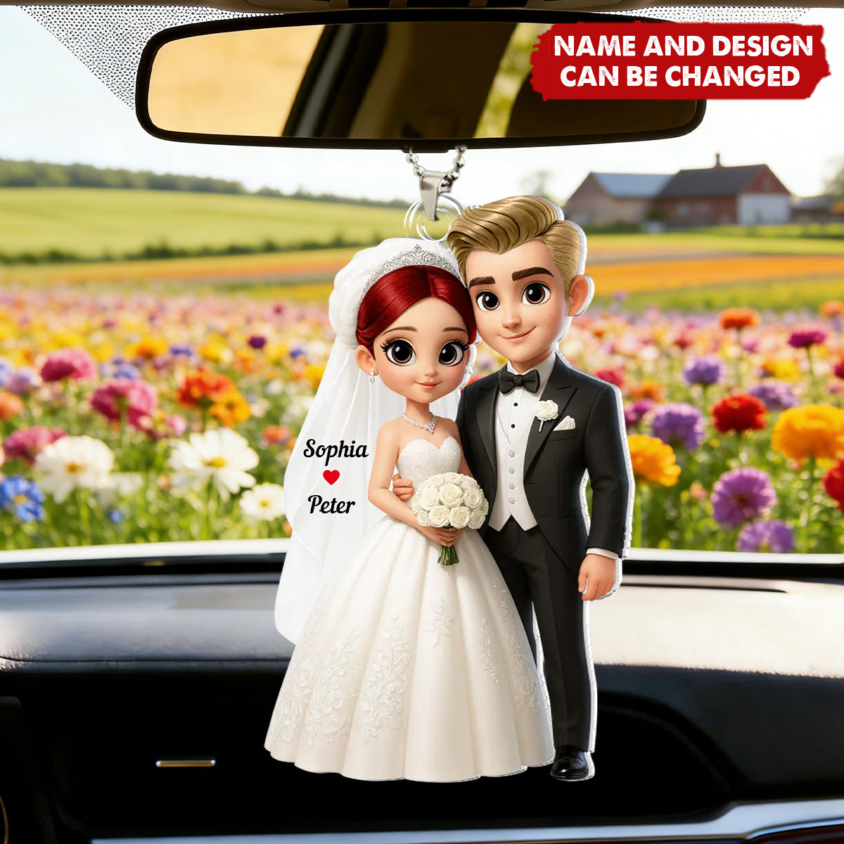 3D Cartoon Married Couple - Personalized Car Hanger, Gift for Couple