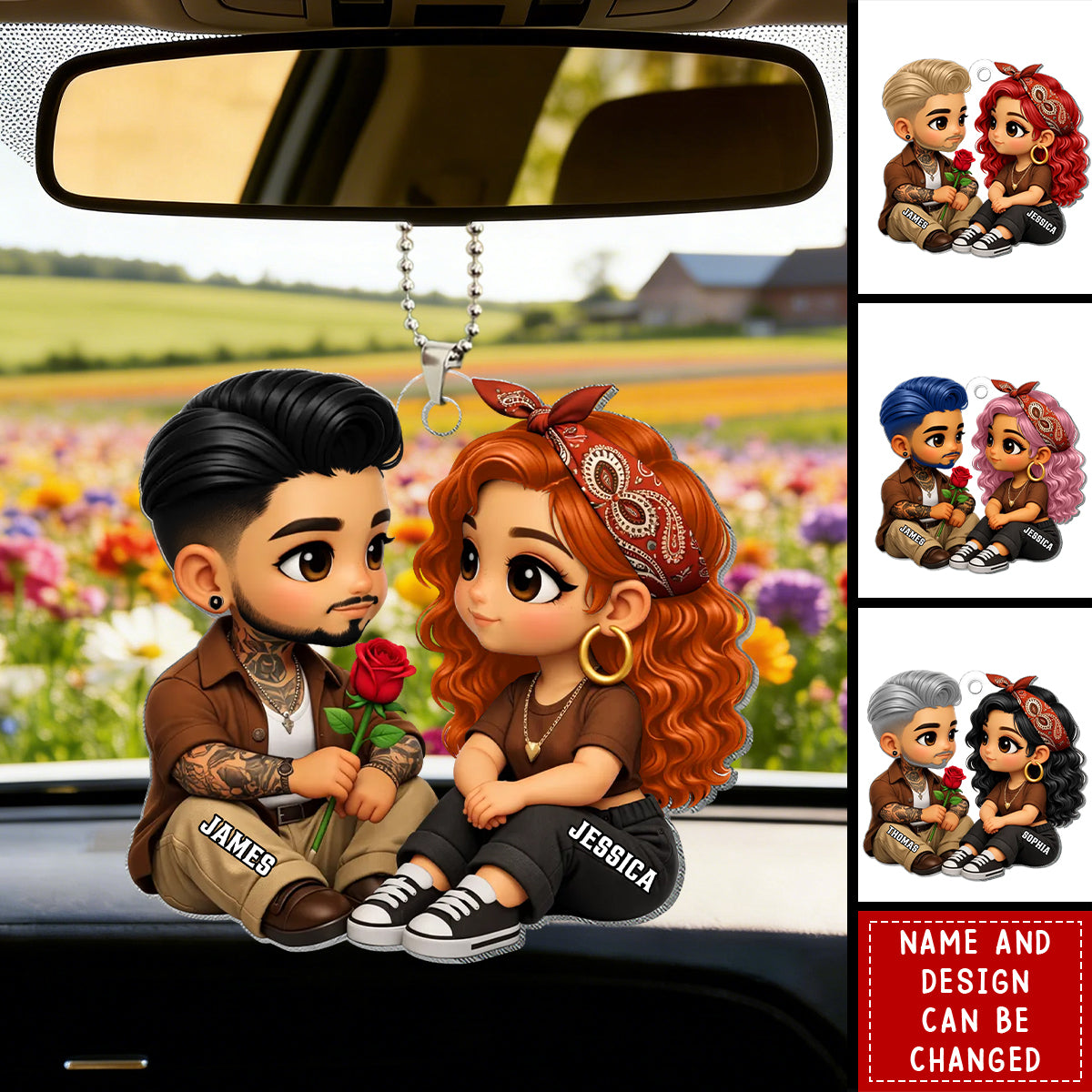 3D Effect Cute Couple A Rose For You - Personalized Car Ornament