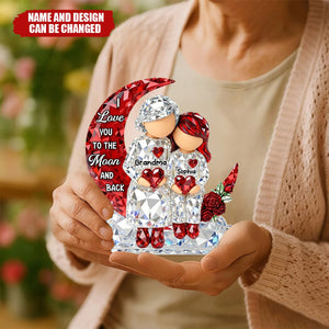 3D Crystal Effect Grandma Grandpa Grandkid Sitting on Moon - Personalized Acrylic Block Plaque - Heartfelt Home Decor for Grandma