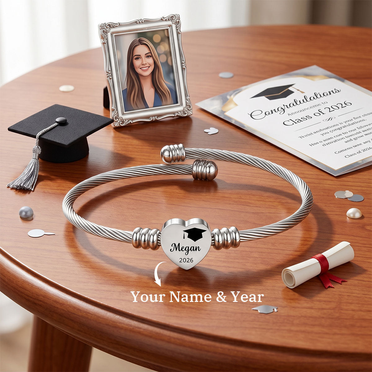 Personalized Graduation Bracelet 2026, Engraved Heart Charm Bracelet with Custom Name, Class of 2026 Graduation Gift for Her