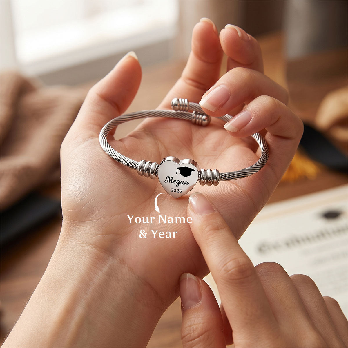 Personalized Graduation Bracelet 2026, Engraved Heart Charm Bracelet with Custom Name, Class of 2026 Graduation Gift for Her