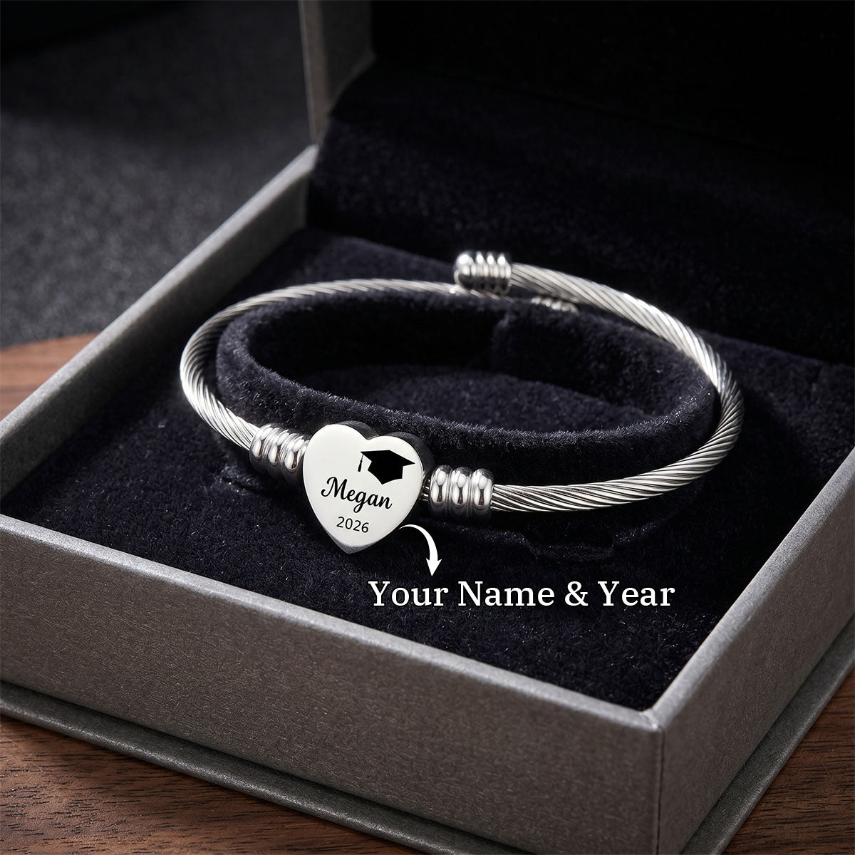Personalized Graduation Bracelet 2026, Engraved Heart Charm Bracelet with Custom Name, Class of 2026 Graduation Gift for Her