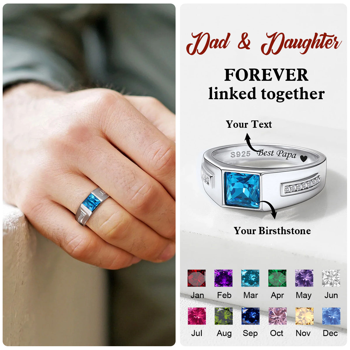 Custom Birthstone Signet Band Ring Gift for Dad, Papa, Husband