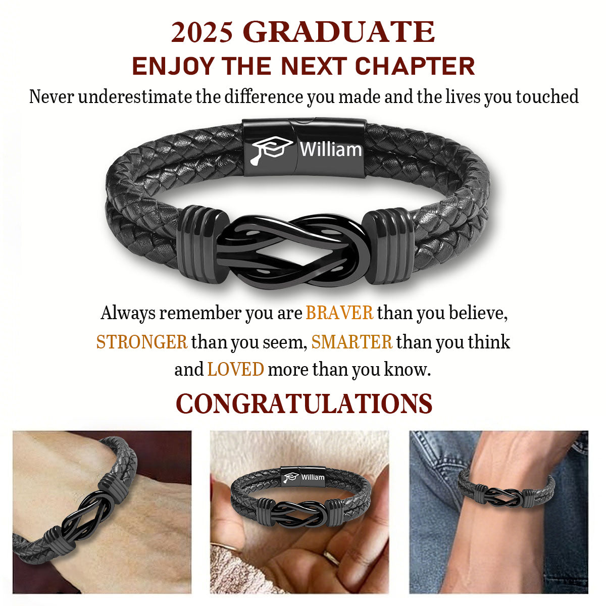 Personalized Leather Graduation Bracelet - Meaningful Gift for New Grads