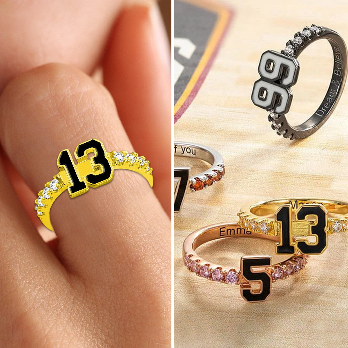 Personalised Sports Number Birthstone Ring with Engraved Text Basketball Baseball Ring Gift for Sport Lovers